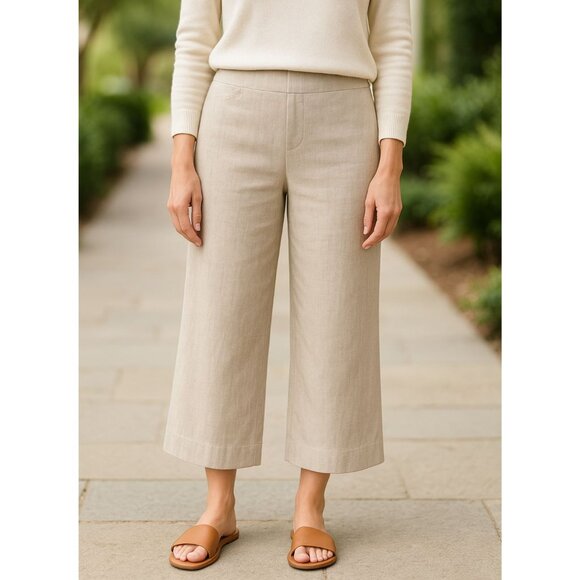 Eileen Fisher Linen Yoke Waist Wide Leg Crop Pants Tan Beige Womens Size 10 - Picture 1 of 8
